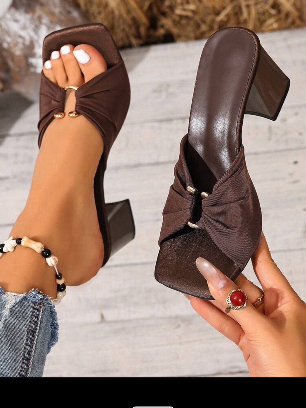 Women’s Brown Knot Slide Heels - Elegant Open-Toe Mules